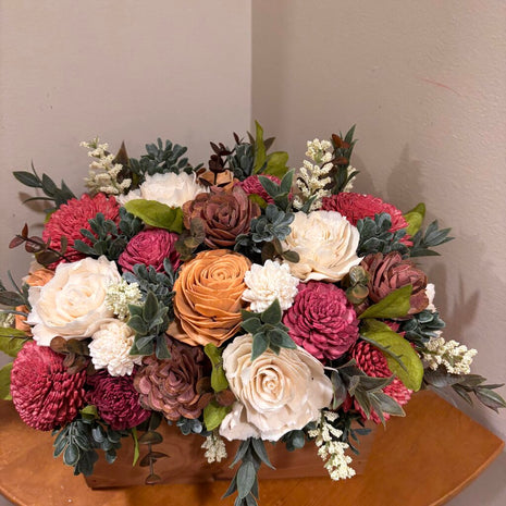 Wooden Box filled with Cream, Pink and Orange Sola Wood Flowers