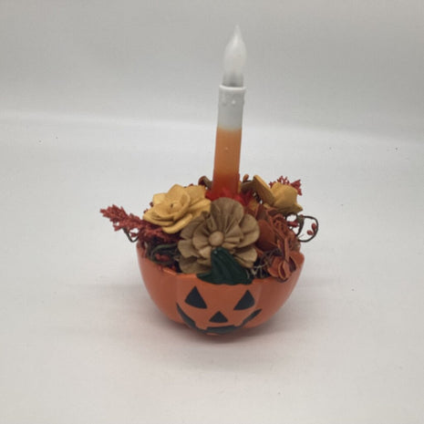 Jack O Bowl with Wood Flowers and Candle