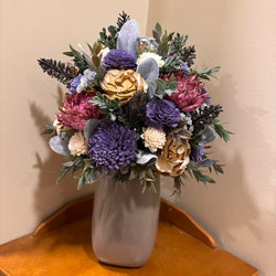 Tall Gray Vase filled with Pink, Purple and White Sola Wood Flowers - view 1