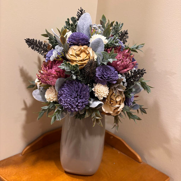 Tall Gray Vase filled with Pink, Purple and White Sola Wood Flowers
