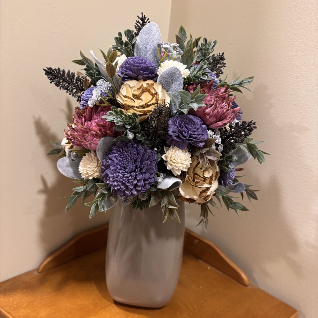 Tall Gray Vase filled with Pink, Purple and White Sola Wood Flowers
