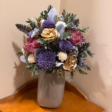 Tall Gray Vase filled with Pink, Purple and White Sola Wood Flowers