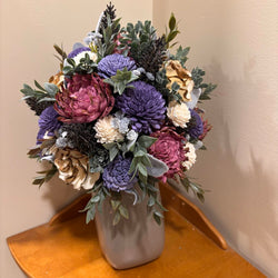 Tall Gray Vase filled with Pink, Purple and White Sola Wood Flowers - view 2