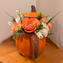 Pumpkin Tea Pot Filled with Sola Wood Flowers - view 2
