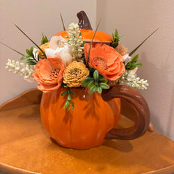 Pumpkin Tea Pot Filled with Sola Wood Flowers - view 1