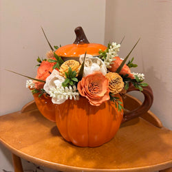 Pumpkin Tea Pot Filled with Sola Wood Flowers - view 4