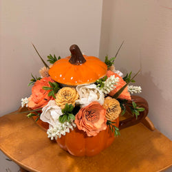 Pumpkin Tea Pot Filled with Sola Wood Flowers - view 3