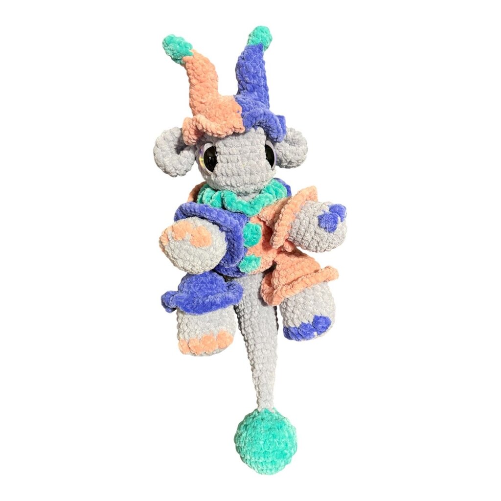 Crocheted jester dragon plushie