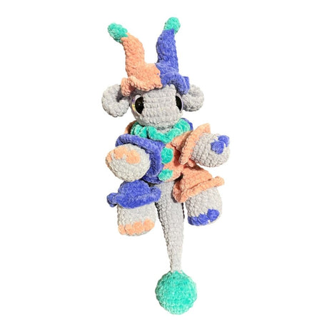 Crocheted jester dragon plushie