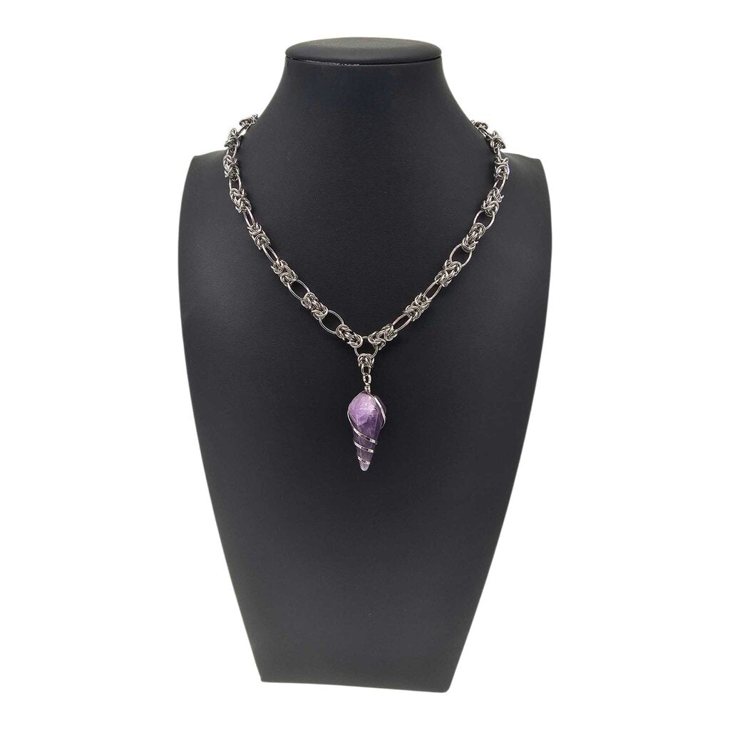 Amethyst Point Stainless Steel Split Byzantine Weave Necklace