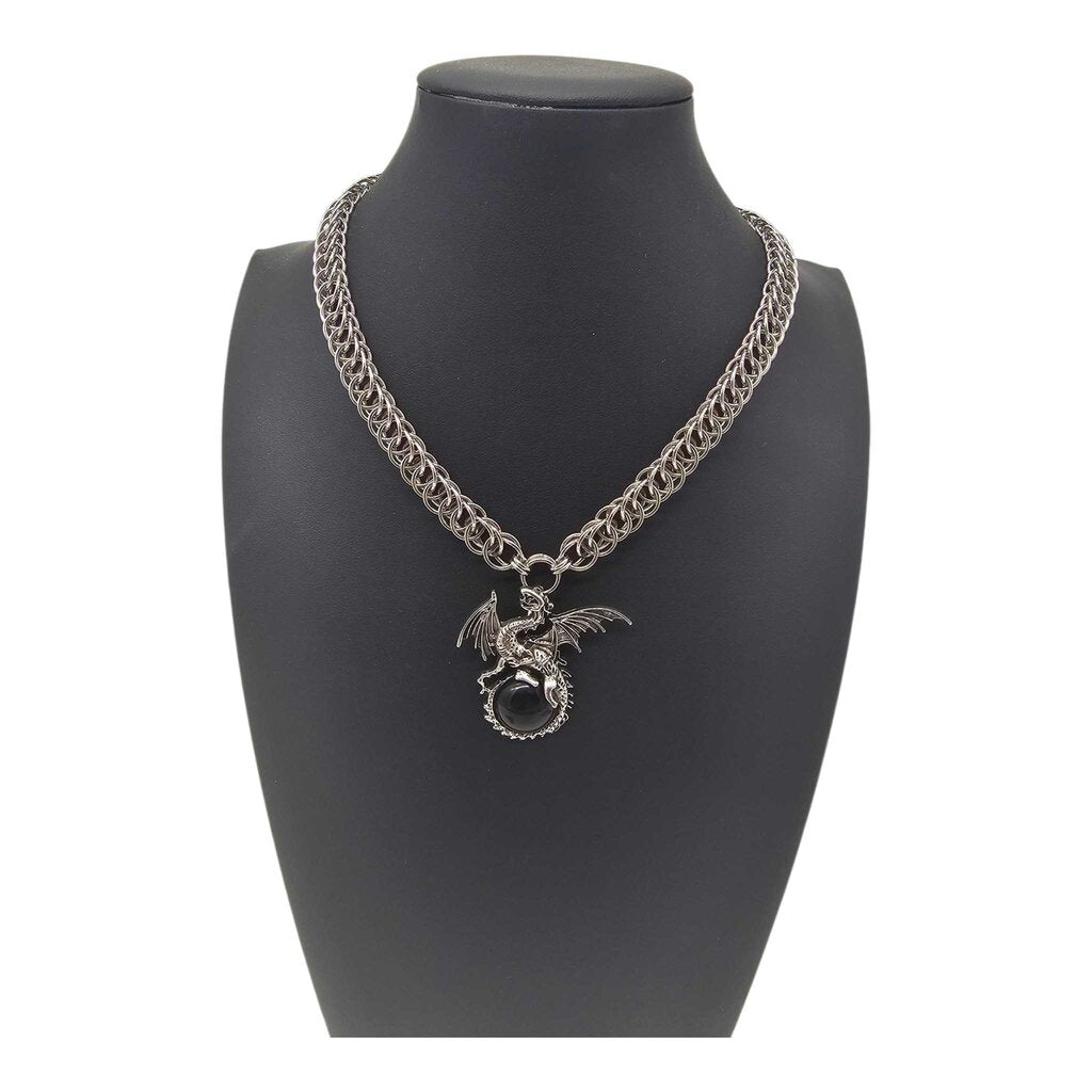 Black Agate Dragon Stainless Steel HP 4-1 Weave Necklace