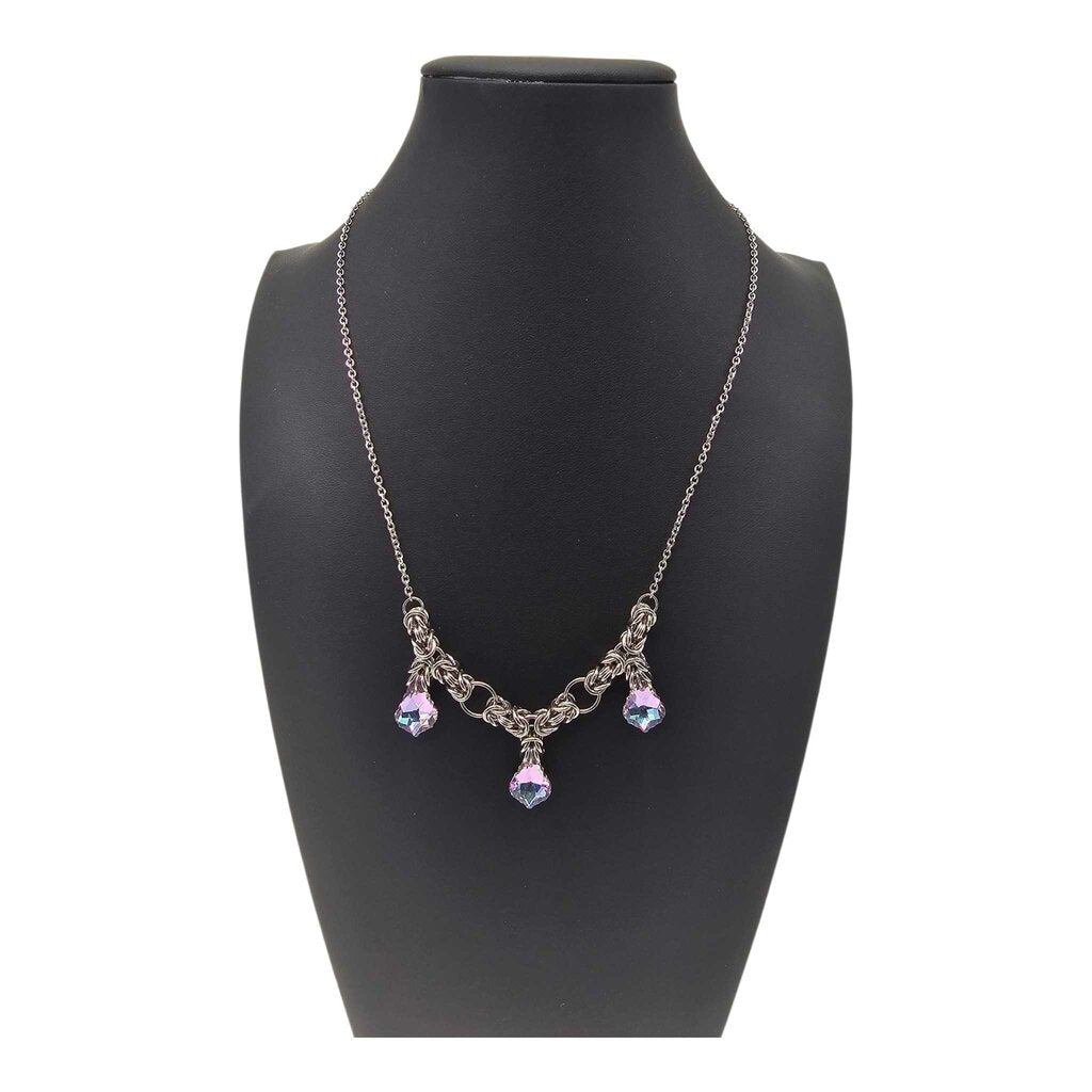 Purple Crystal Stainless Steel Byzantine Necklace