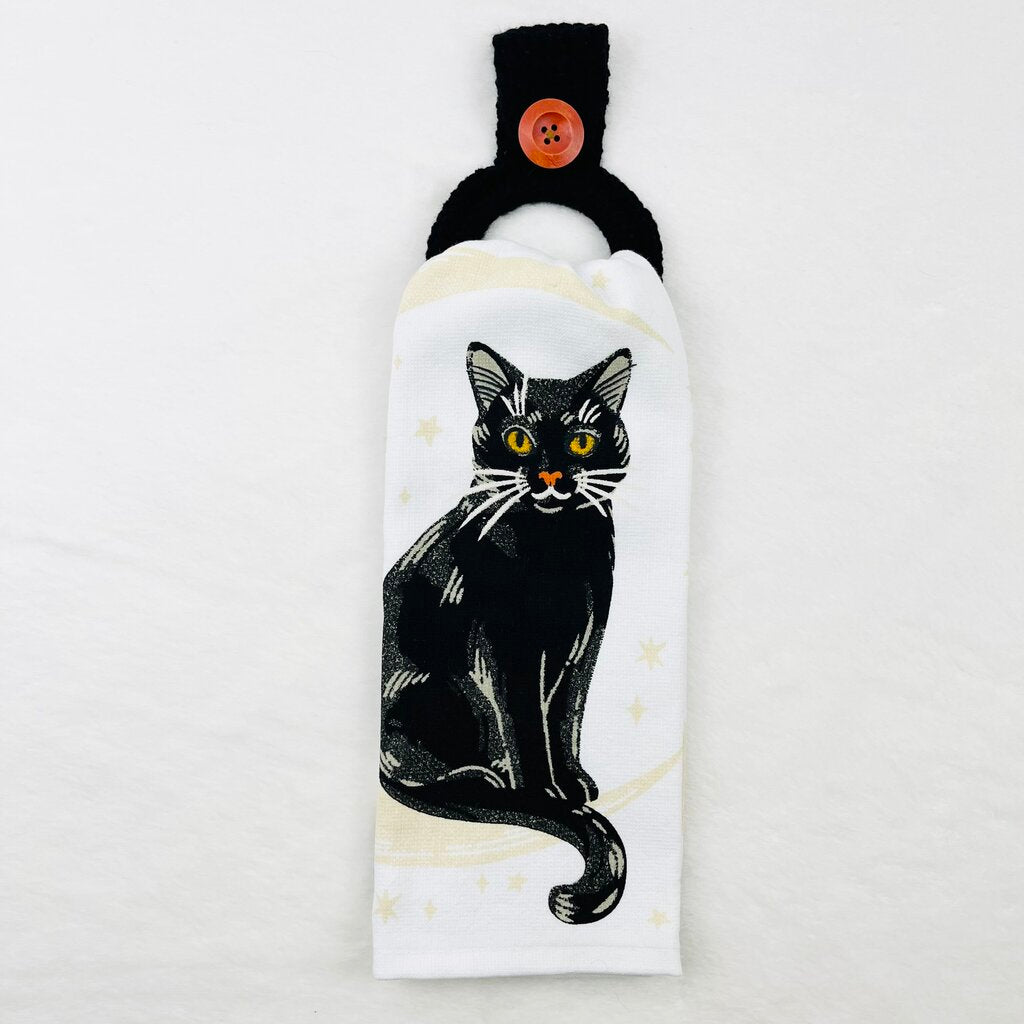 Hanging Towel Set - Black Cat with Crescent Moon (white background)