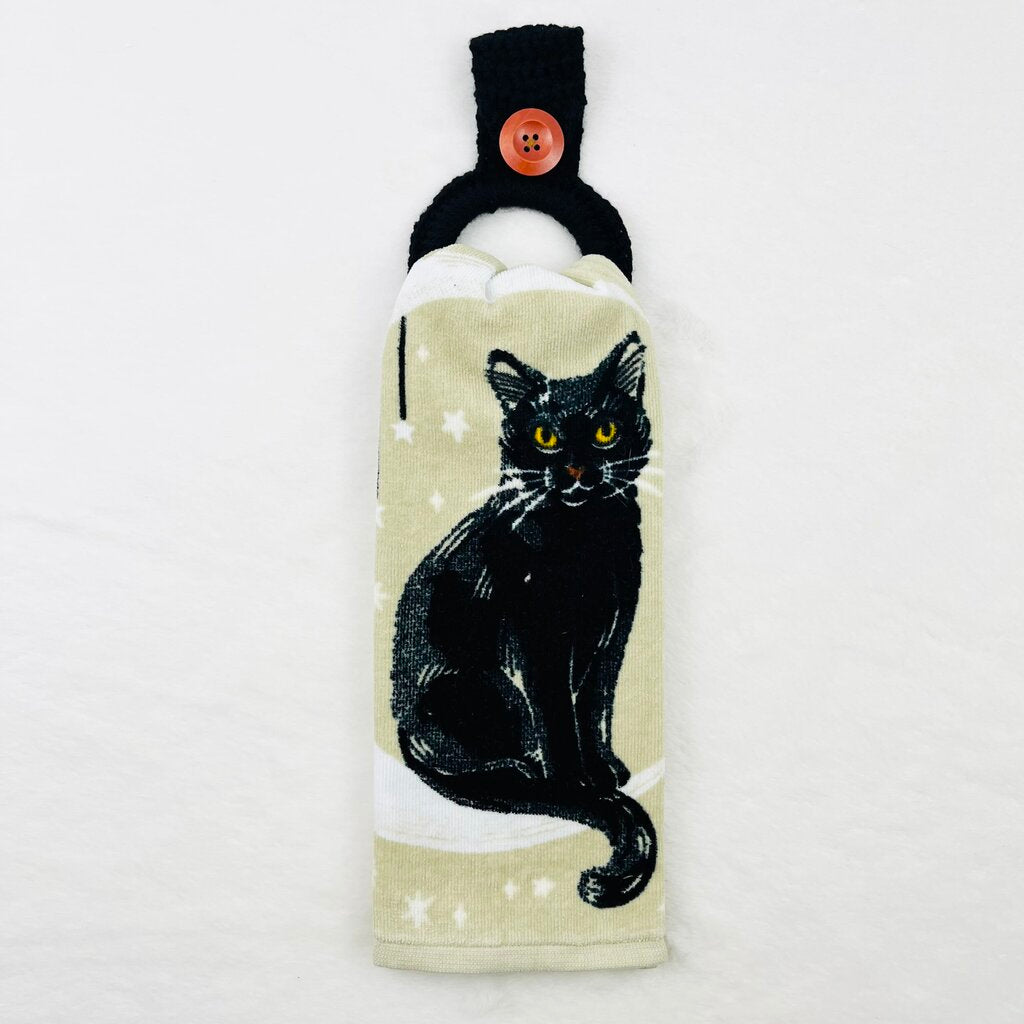 Hanging Towel Set - Black Cat with Crescent Moon (cream background)