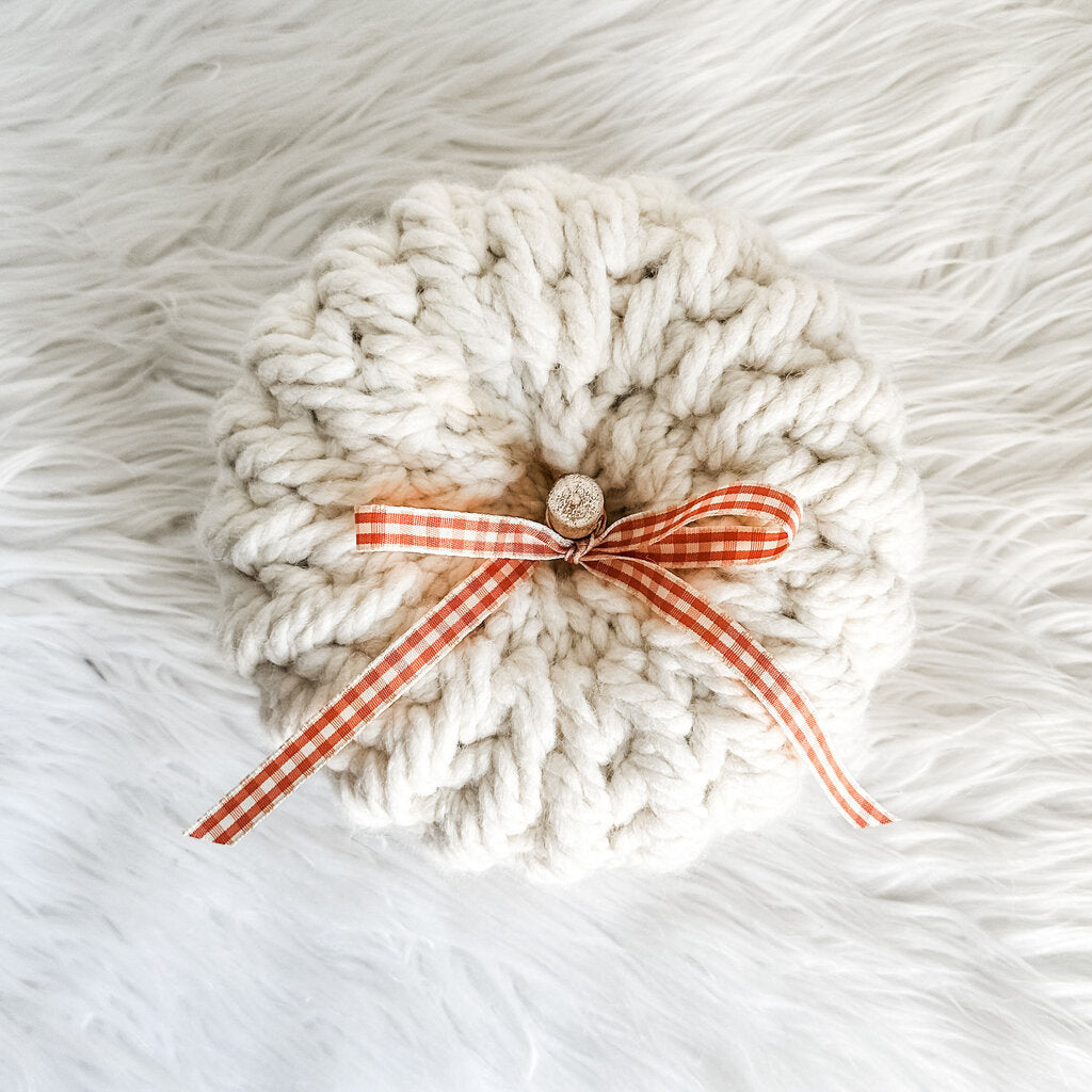 Large Feather Stitch Pumpkin with Orange Checkered Bow