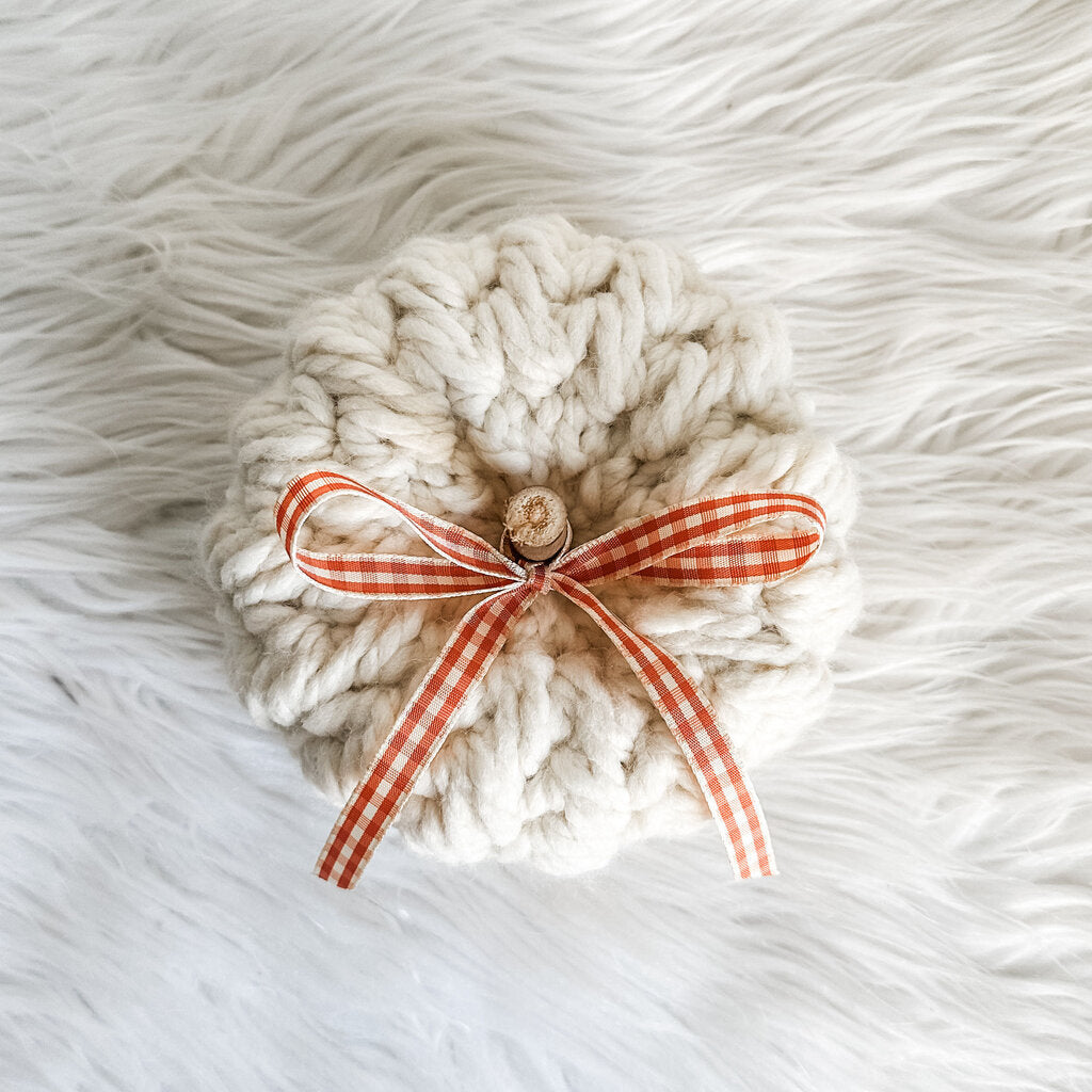 Small Feather Stitch Pumpkin with Orange Checkered Bow