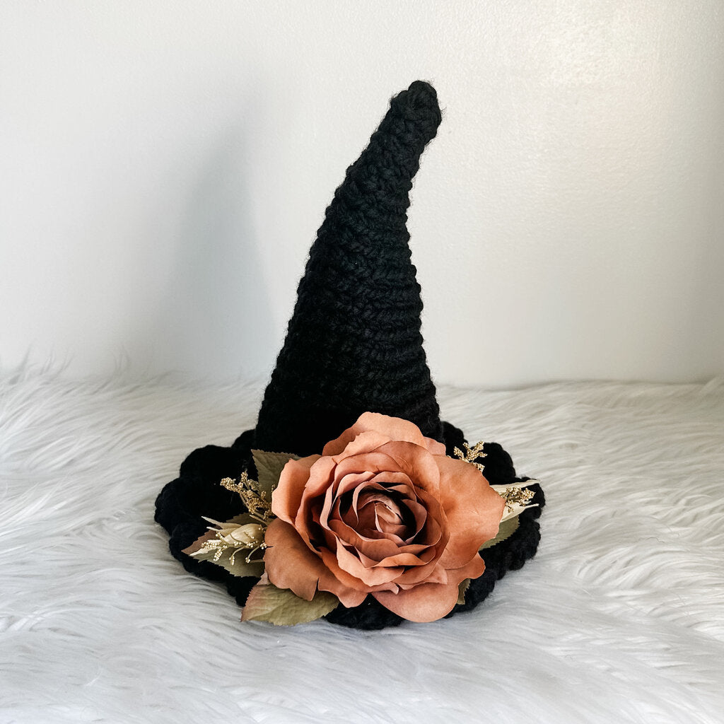 Large Crochet Table Top Witch Hat Accented with Florals