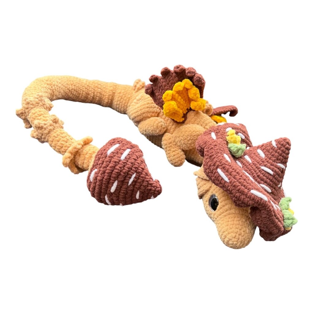 Crocheted long mushroom dragon plushie