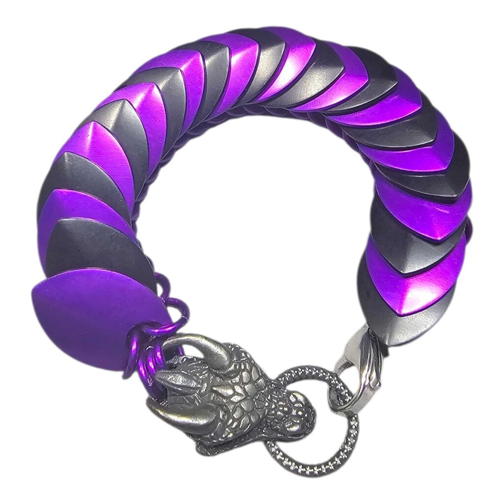 Purple black dragonscale bracelet with dragon head, 8 inches long
