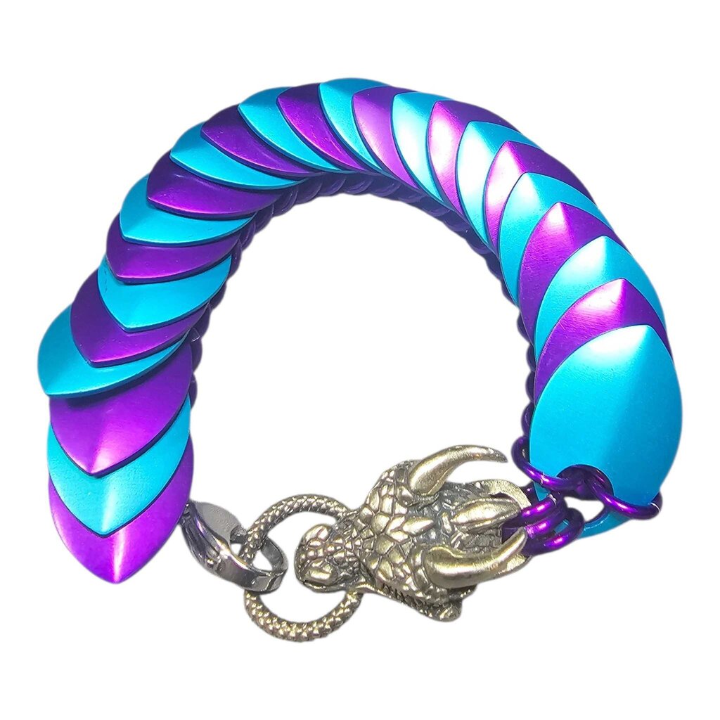 Turquoise purple dragonscale bracelet with dragon head, 8 inches long