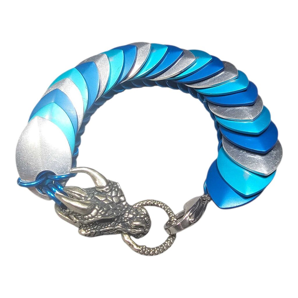 Turquoise blue, silver dragonscale bracelet with dragon head, 8 inches long