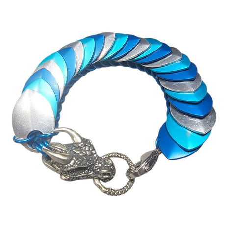 Turquoise blue, silver dragonscale bracelet with dragon head, 8 inches long