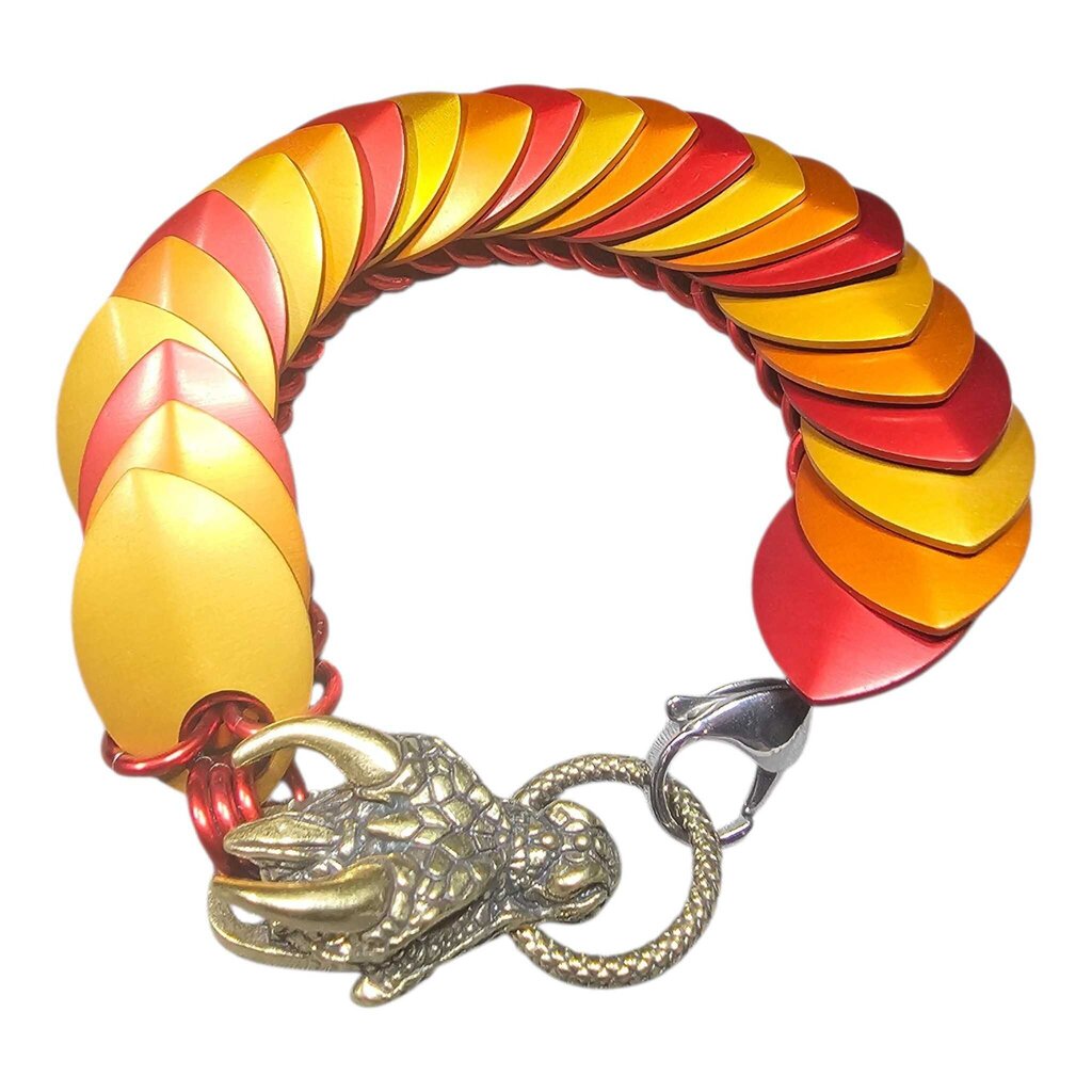 Red, orange, gold dragonscale bracelet with dragon head, 8 inches long