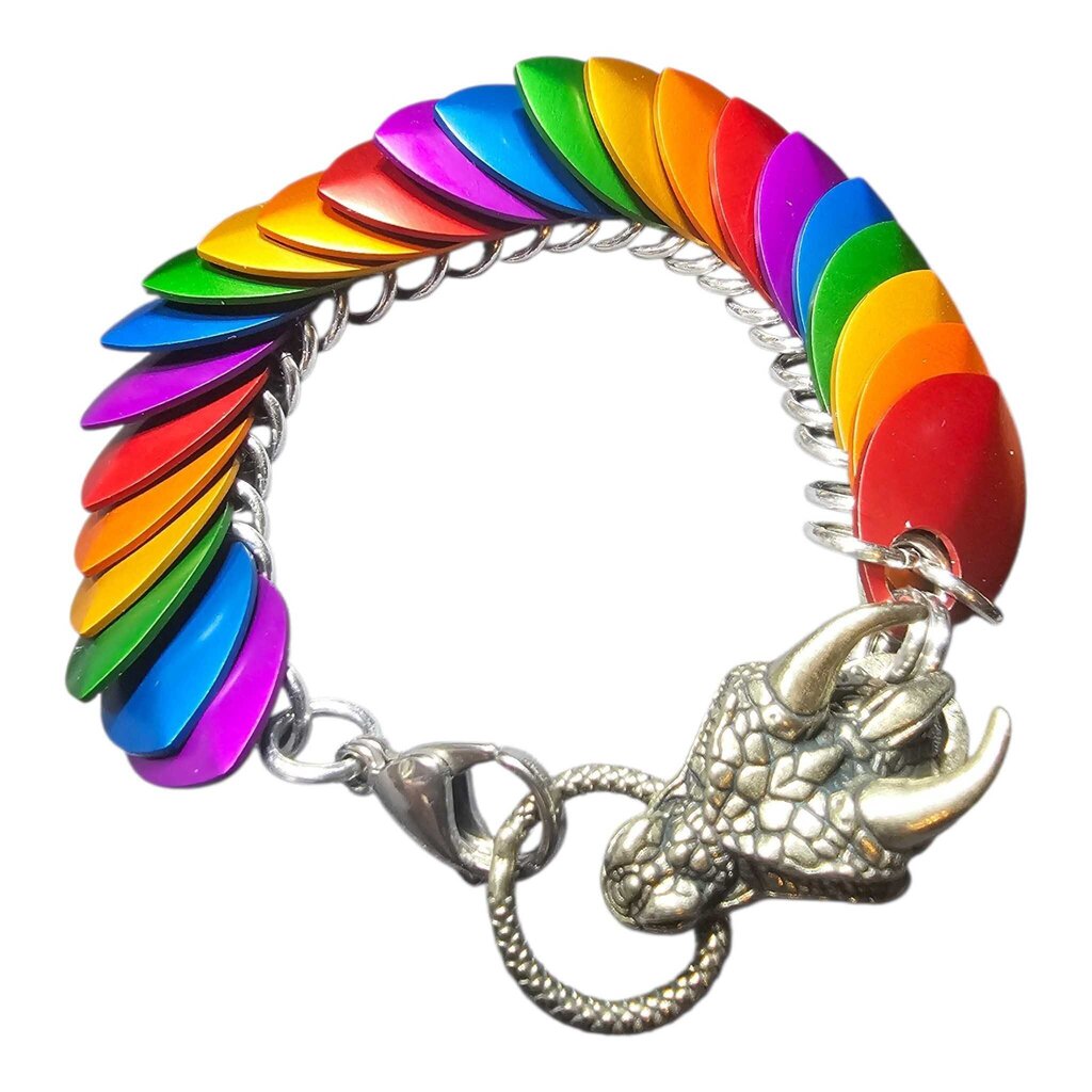 Rainbow dragonscale bracelet with dragon head, 8 inches long