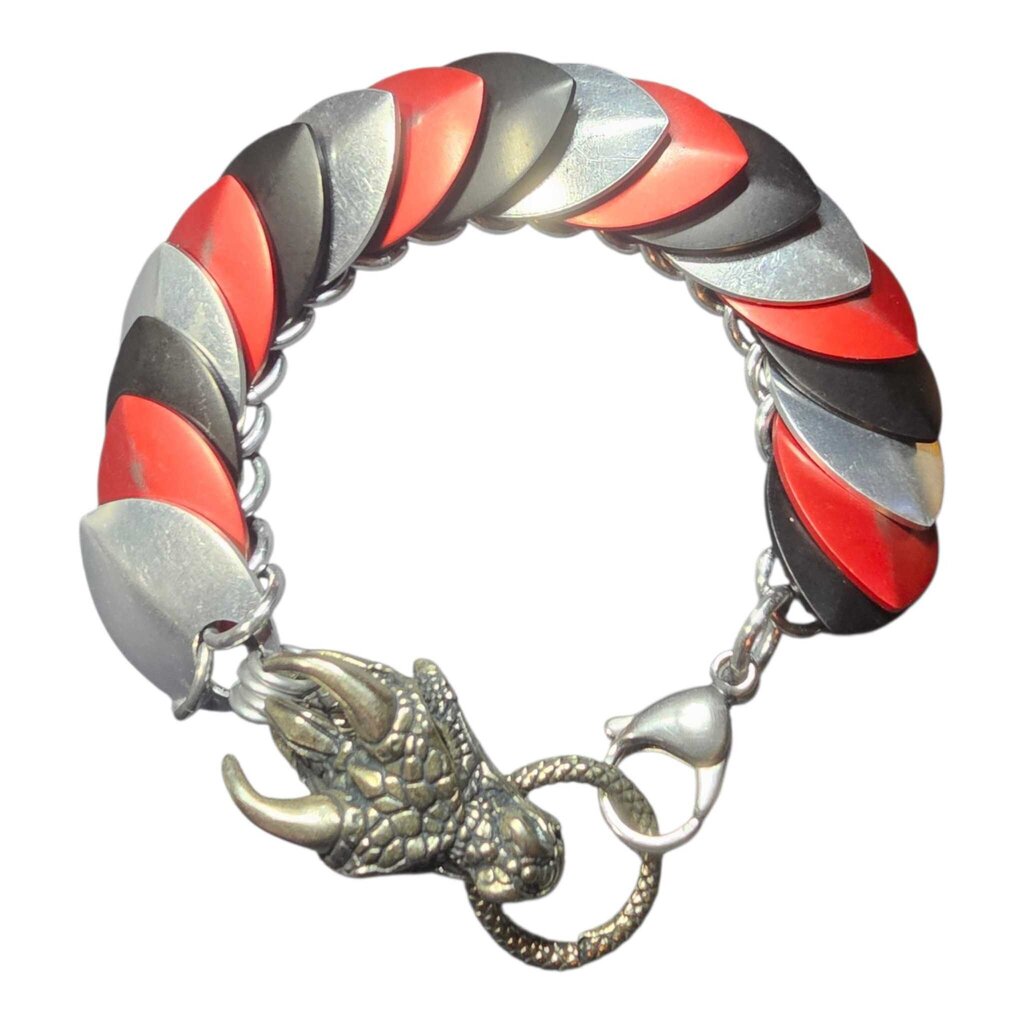 Silver, red, black dragonscale bracelet with dragon head, 8 inches long