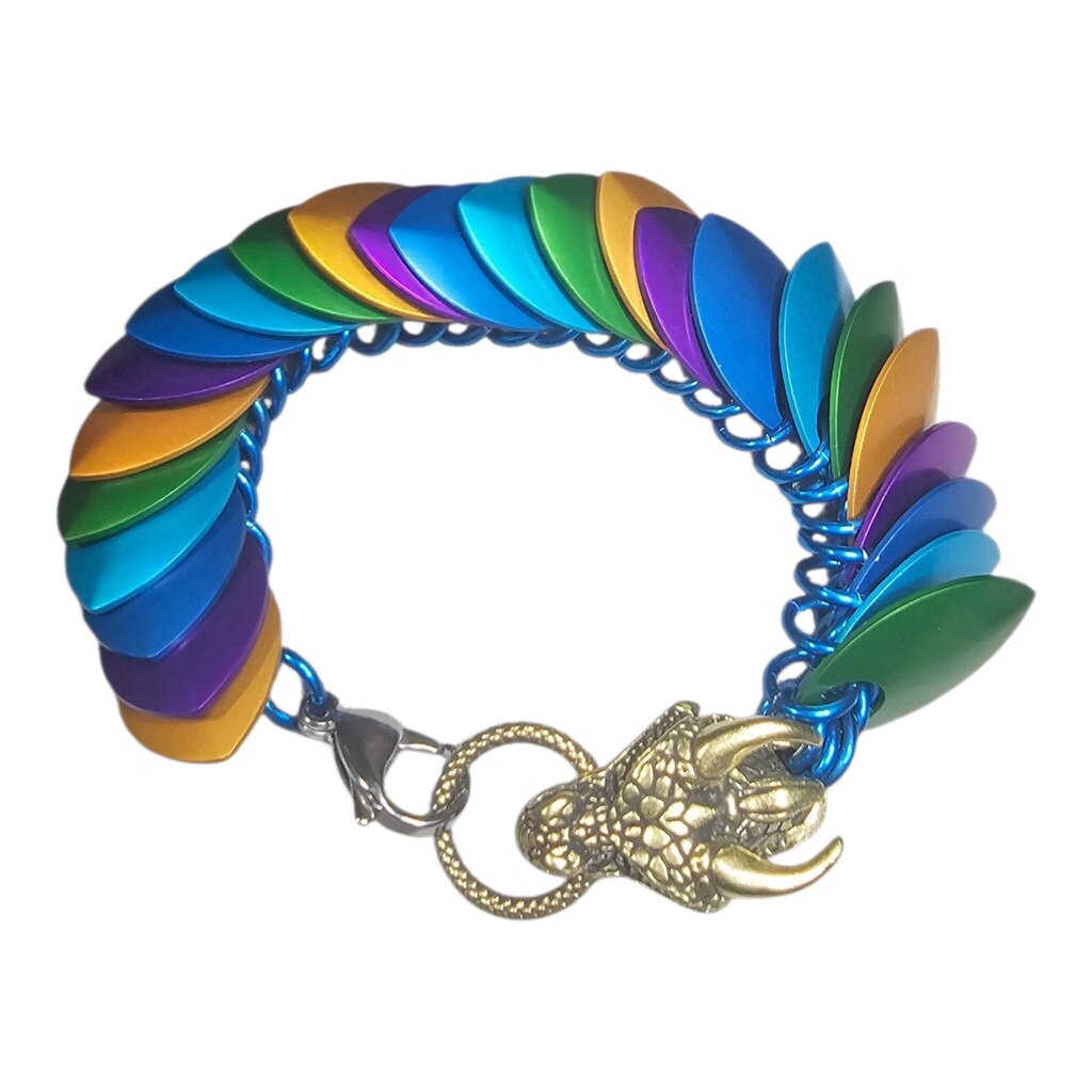 Green, blue, purple, gold dragonscale bracelet with dragon head, 8 inches long