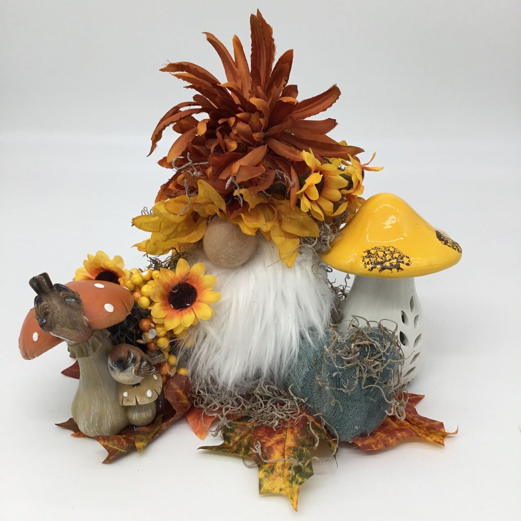 Fall mushroom gnome with birdies