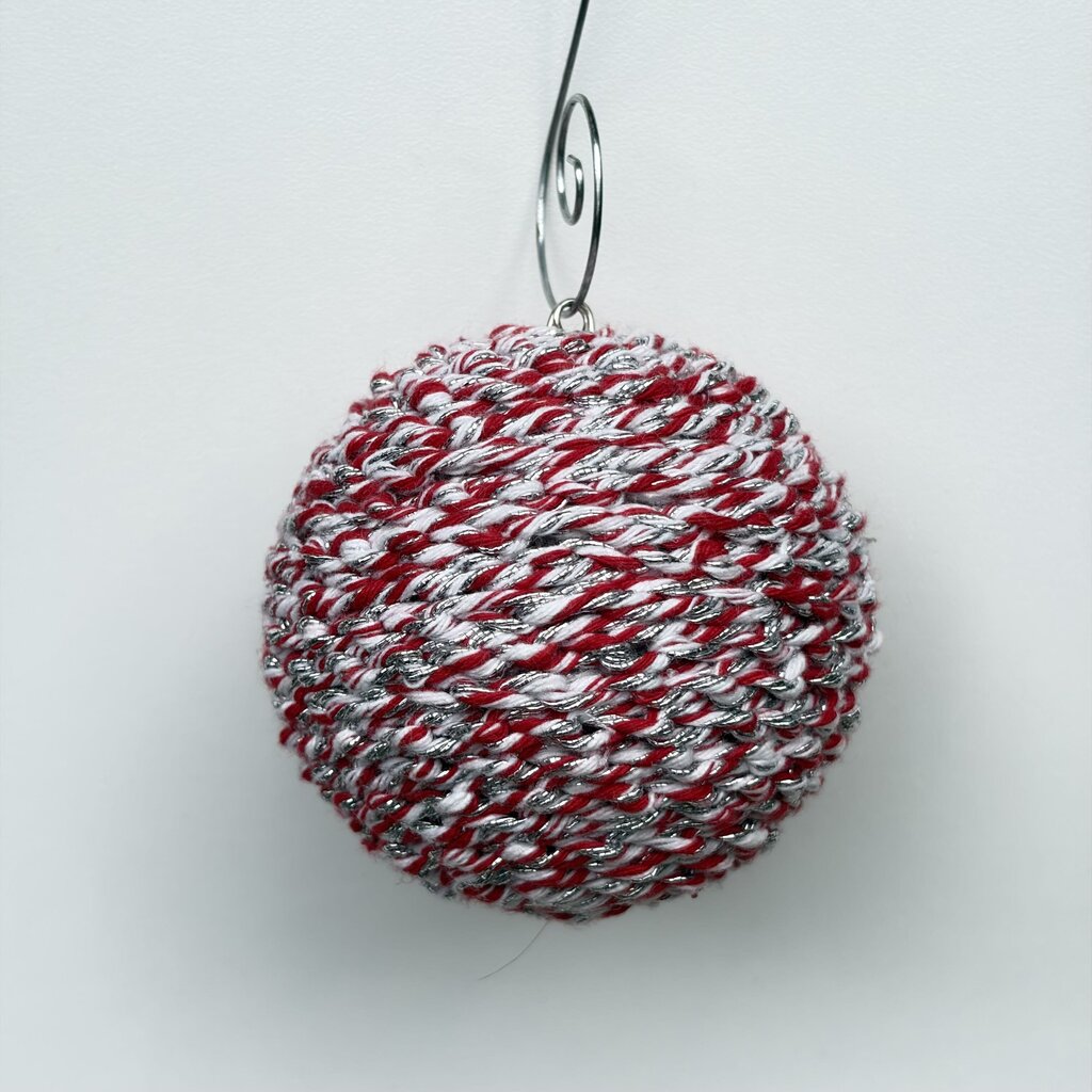 red white silver crochet ornament