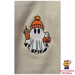Ghost with iced coffee and trick or treat bucket Halloween Embroidered Adult Sweatshirt - view 1