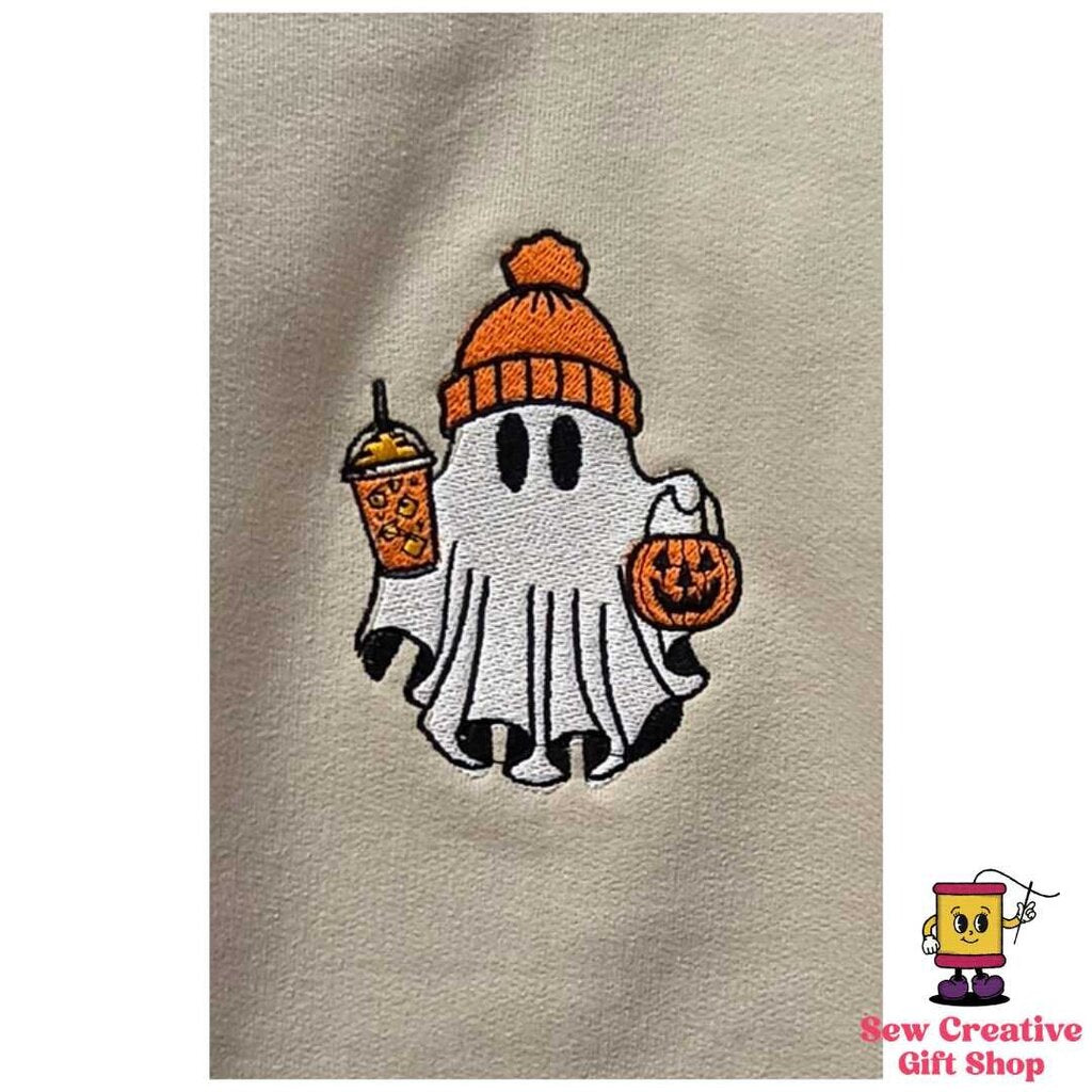Ghost with iced coffee and trick or treat bucket Halloween Embroidered Adult Sweatshirt