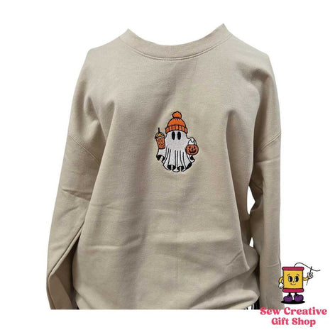 Ghost with iced coffee and trick or treat bucket Halloween Embroidered Adult Sweatshirt