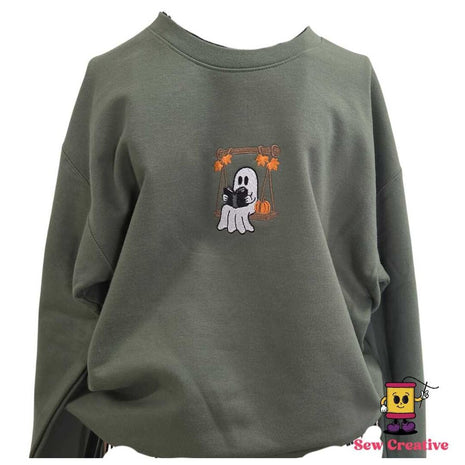 Ghost reading on a tree swing Halloween Embroidered Adult Sweatshirt
