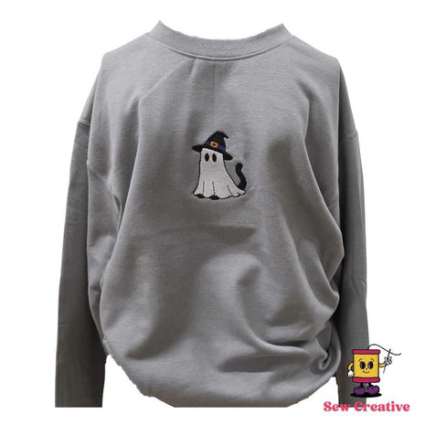 Cat ghost dressed up as a witch Halloween Embroidered Adult Sweatshirt