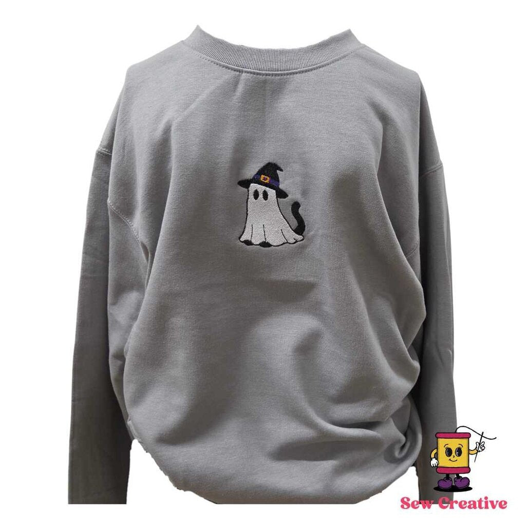Cat ghost dressed up as a witch Halloween Embroidered Adult Sweatshirt