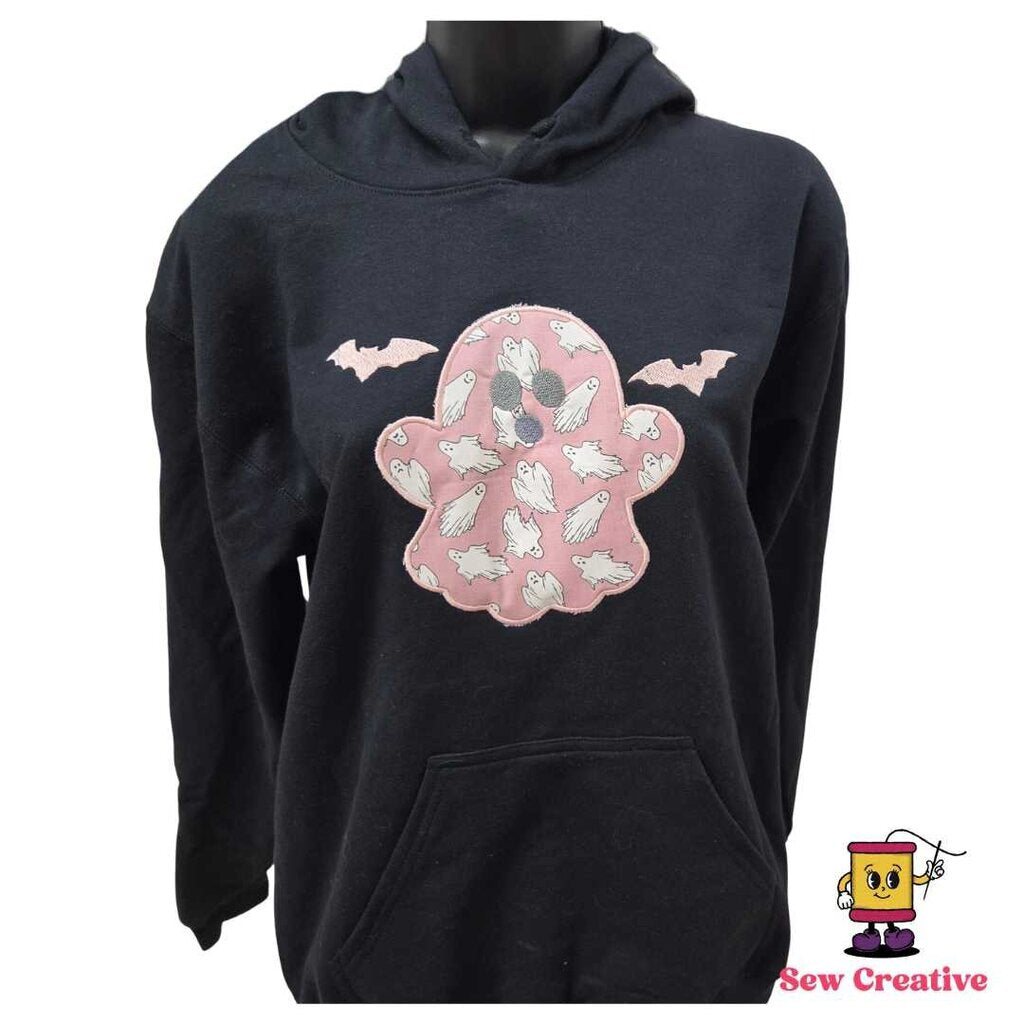 Glow-in-the-dark appliqued ghost with embroidered bats Halloween Adult Hooded Sweatshirt