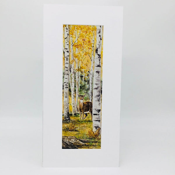 Print- 4x12 Doe Among the Birches- matted 8x17