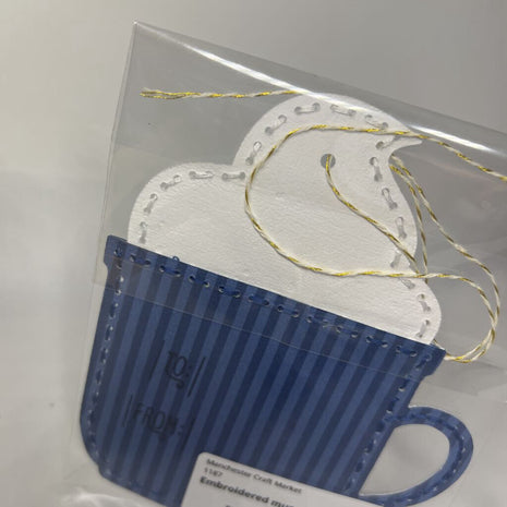 Embroidered mug gift tag