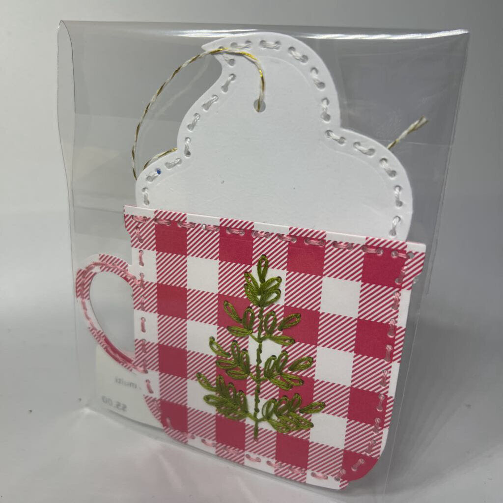 Embroidered mug gift tag