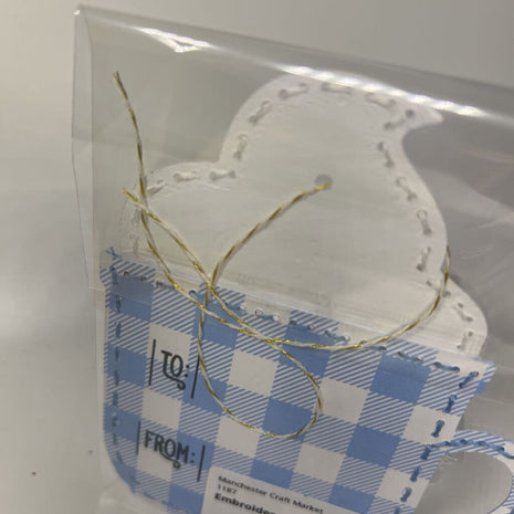 Embroidered mug gift tag
