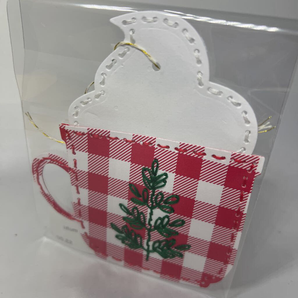 Embroidered mug gift tag