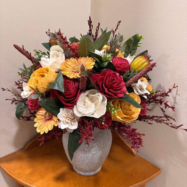 Large Tan Vase Filled with Sunflowers, Yellow and Red Sola Wood Flowers