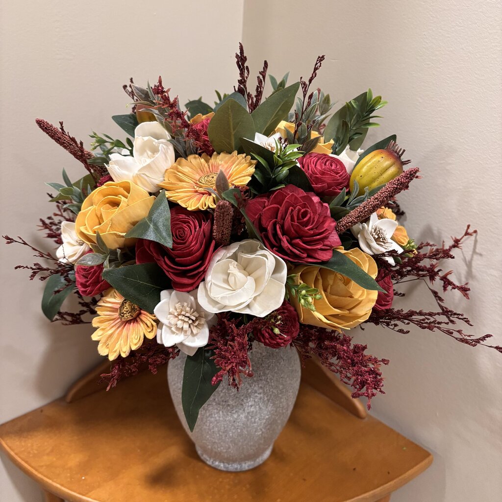 Large Tan Vase Filled with Sunflowers, Yellow and Red Sola Wood Flowers