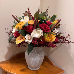 Large Tan Vase Filled with Sunflowers, Yellow and Red Sola Wood Flowers - view 2