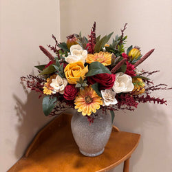 Large Tan Vase Filled with Sunflowers, Yellow and Red Sola Wood Flowers - view 3