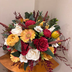Large Tan Vase Filled with Sunflowers, Yellow and Red Sola Wood Flowers - view 4