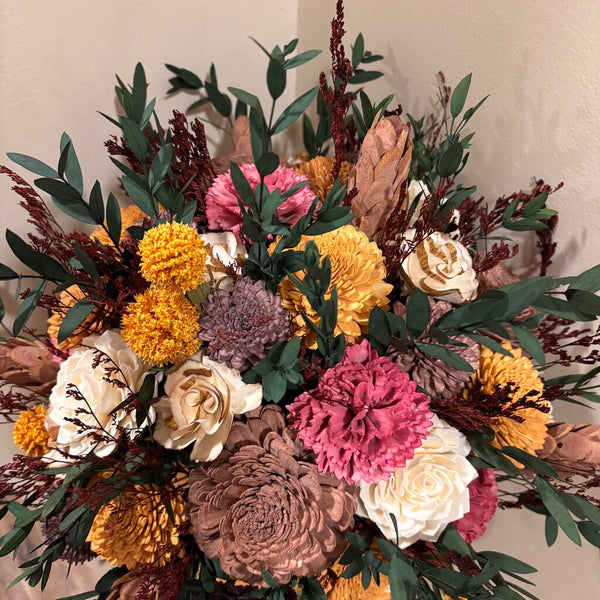 Tall Tan Vase with Preserved Eucalyptus and Brown, Yellow and Cream Sola Wood Flowers